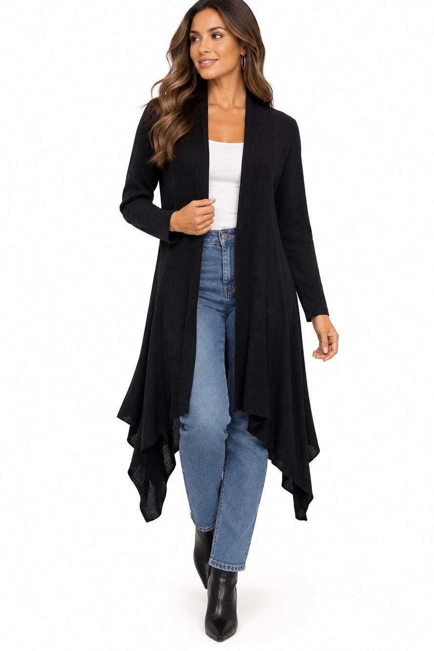 Kenar Women’s L Black Long Cardigan Duster Open Front Asymmetrical Draped Knit